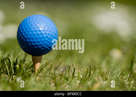 Blaue Golfball auf hölzernen Tee Gras. Konzentrieren Sie sich auf Kugel, natürlichen Farben. Stockfoto