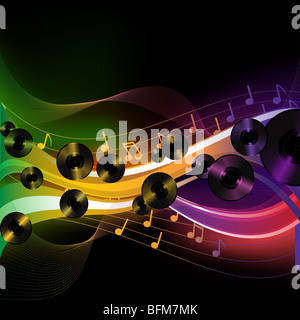 abstrakte Neon Wellen und Noten mit Schallplatten Stockfoto