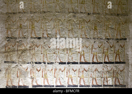 Reliefs in den Gräbern bei Meir, Nord-westlich von Assyut in Mittelägypten Stockfoto