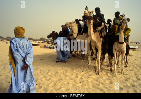 Mali, Essakane, in der Nähe von Timbuktu oder Tombouctou. Tuareg-Männer und Kamele zu sammeln, auf dem Festival in der Wüste oder Festival au Desert Stockfoto