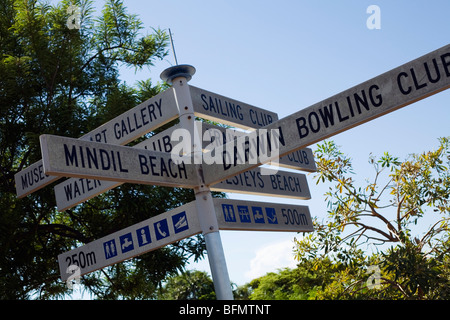 Australien, Northern Territory, Darwin.  Straßenschild für Darwins Attraktionen. Stockfoto