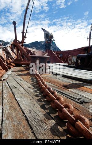 Südgeorgien und die Südlichen Sandwichinseln Südgeorgien, Cumberland Bay Grytviken. Detail des Walfangs Bootes "Sturmvogel" Stockfoto