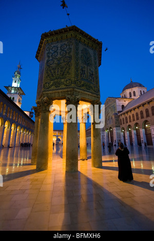 Syrien, Damaskus, Umayyaden-Moschee. Die Kuppel des Finanzministeriums steht am Abend beleuchtet. Stockfoto