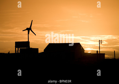 Falkland-Inseln. Sea Lion Island Lodge bei Sonnenuntergang. Stockfoto