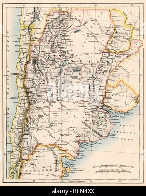 Map of Argentina, Uruguay, and Paraguay in the 1870s. Color lithograph Stockfoto