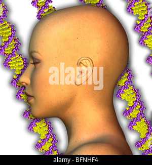 Beispiel für ein weibliches Gesicht überlagert DNA-Stränge Stockfoto