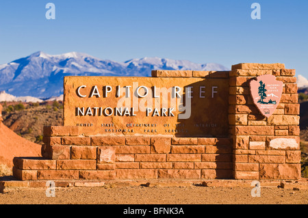 Ortseingangsschild Park, Capitol Reef National Park, Utah Stockfoto