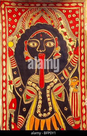 Mithila Malerei Göttin Kali mit Zunge herausstechen; Madhubani; Darbhanga; Bihar; Indien; asien Stockfoto