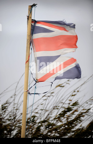 Eine britische Flagge zerrissen in einem Sturm UK Stockfoto