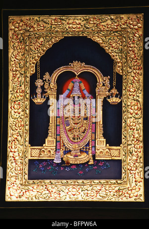 BDR 66411: Tirupati Tripati Balaji Miniaturmalerei auf Papier mit goldener Prägung Stockfoto