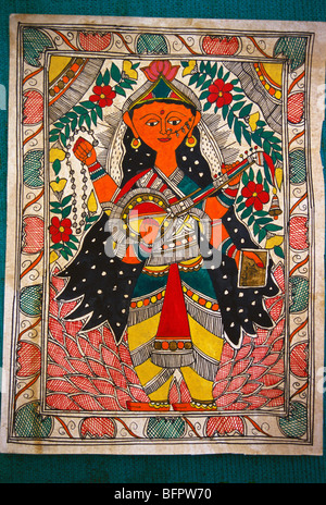 Madhubani Malerei der Göttin, der Göttin, der Göttin des Wissens, der Musik, der Kunst, der Sprache, der Weisheit und des Lernens, Mithila Malerei, Stockfoto