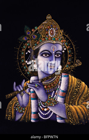 BDR 66491: Gott Krishna Miniaturmalerei auf Papier auf samt Stockfoto