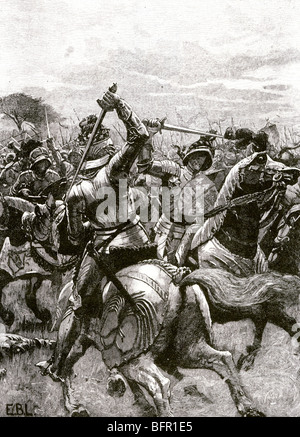 RICHARD III trägt seine Krone an der Schlacht von Bosworth, 22 August 1485 in diesem Stich des 19. Jahrhunderts Stockfoto