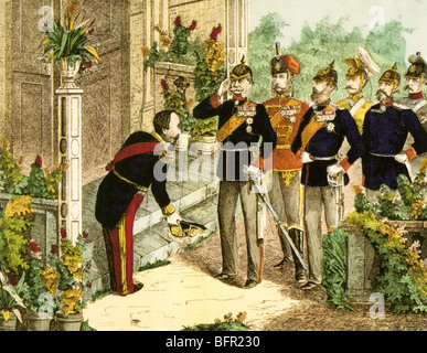 Kaiser NAPOLEON III von Frankreich unterwirft sich König William I von Preußen nach der französischen Niederlage bei Sedan am 2. September 1870 Stockfoto