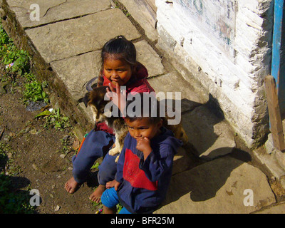 Kinder spielen mit einem Welpen im nepalesischen Dorf Chomrong, auf den Spuren der Annapurna Sanctuary im Vorfeld Stockfoto