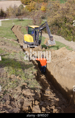 Geothermische Heizung Graben Ausschachtung für Polyethylen Tübbing Schleifen für ein Privathaus in Le Marche, Italien Stockfoto