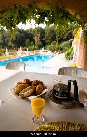 Französisches Frühstück auf Tisch in Sommerküche mit Swimming Pool, Cote d ' Azur, Südfrankreich (nur zur redaktionellen) gelegt Stockfoto