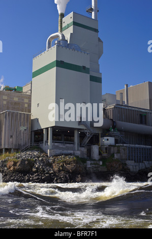 Irving Zellstoff- und Papierfabrik mit Rückwärtsfahren fällt durch fließende am Saint John River, St. John River, New brunswick Stockfoto