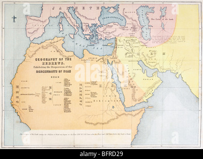 Karte zeigt die Geographie der Hebräer und die Streuung der Nachkommen von Noah ausstellen. Stockfoto