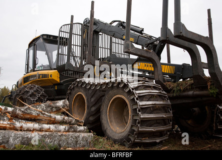 Haufen von Birkenstämmen und finnischen Ponsse Elch Waldernter, Finnland Stockfoto