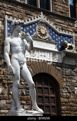 Eine Besetzung der David von Michelangelo in der Piazza della Signoria in Florenz, Italien. Stockfoto