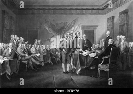 Gravur Druck ca. 1876 basierend auf John Trumbull's berühmtem Gemälde "Declaration of Independence" (Inbetriebnahme im Jahre 1817). Stockfoto