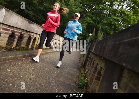 Frauen, die auf der Brücke im Arboretum, Seattle, Washington, USA Stockfoto