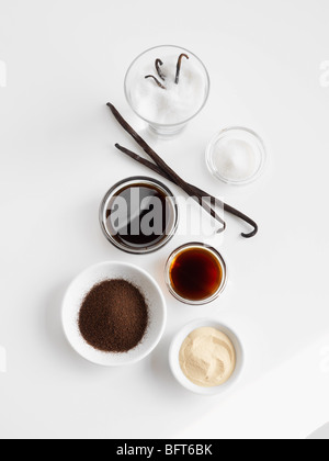 Getrocknete Vanille, Vanille-Extrakt, gemahlene Vanille und Vanille-Zucker Stockfoto
