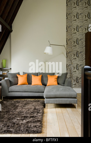 Zeitgenössische Wohnzimmer mit Retro-Stil-Prints und 20th Century design Stücke. Stockfoto