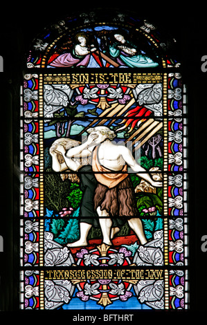 Detail eines Buntglasfensters, das Adam und Eva aus dem Garten Eden, Original Sin, Wilton Parish Church, Wilton, Wiltshire, verbannt zeigt Stockfoto