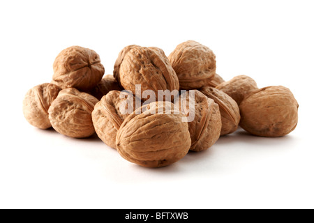 Walnüsse, die isoliert auf weißem Hintergrund Stockfoto
