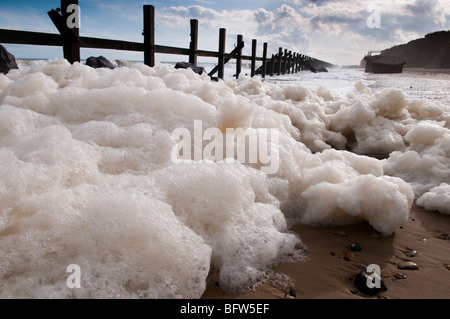 Schaum aus Flut am Strand von Happisburgh, Norfolk Stockfoto