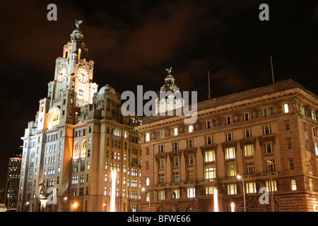 Das Royal Liver Building und Cunard Building bei Nacht, Pier Head, Liverpool, Merseyside, UK Stockfoto