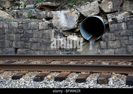 Blick auf die niederwinklige ländliche Eisenbahnstrecke und das Verschmutzungsabflussrohr von oben Blick nach unten in den USA horizontale Hochauflösung Stockfoto