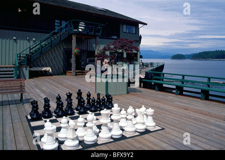 Quadra Island, nördliche Gulf Islands, BC, Britisch-Kolumbien, Kanada, Schachbrett im Freien und Stücke, Spiele im freien Stockfoto