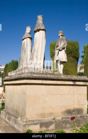 Statuen von Christopher Columbus, König Ferdinand II von Aragon und Königin Isabella i. von Kastilien in den Gärten des Alcazar Stockfoto