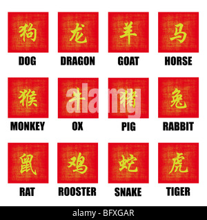 Chinesisches Sternzeichen Tiere Lunar Astrologie Kunst Set Stockfoto