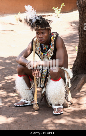 20 - 22 Jahre alt jung, die, denen Zulu Porträt in traditionell Mann, gekleidet, Lesedi Dorf, Johannesburg, Südafrika, November 2009 Stockfoto