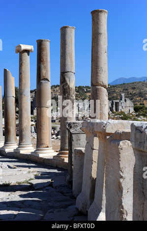 Antike Säulen säumen den Weg in den Ruinen von Patara Stockfoto