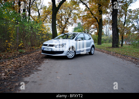 Volkswagen Polo 1.6 TDI - 2009 - Silber - fünf Türen (5D) - Deutsche Kleinwagen Stadtauto - auf der Straße, in einem park Stockfoto