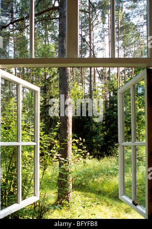 Offenen Fenster mit Blick in den Wald in der Nähe von St. Petersburg, Russland Stockfoto