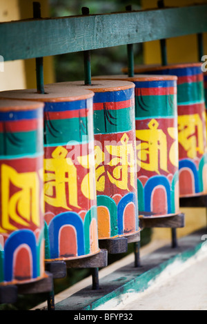 Tibetisch-buddhistische Gebetsmühlen in der Nähe von Residenz des Dalai Lama in Dharamsala, Indien. Stockfoto