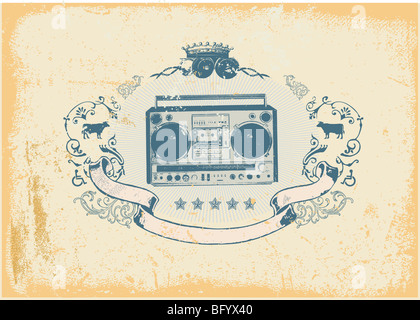 Heraldische Komposition mit Boombox und floralen Ornamenten im Graffiti-Stil. Grunge Hintergrund. Vektor-illustration Stockfoto