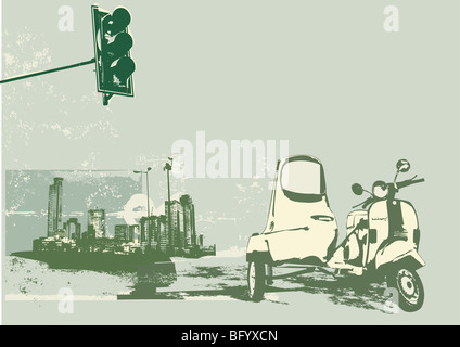 Vektor-Illustration Oldtimer Roller auf dem städtischen Grunge-Hintergrund Stockfoto
