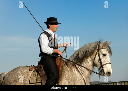 Camargue Horse Rider bekannt als „Guardian“ oder provenzalischer Cowboy auf einem weißen Camargue-Pferd, Camargue, Provence, Frankreich Stockfoto