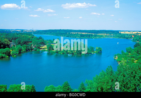 Panoramablick auf See Müritz vom Kirchturm in Waren, Mecklenburg-Vorpommern, Norddeutschland Stockfoto