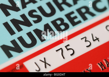 National Insurance Number Kartennummer NI für GB UK Stockfoto