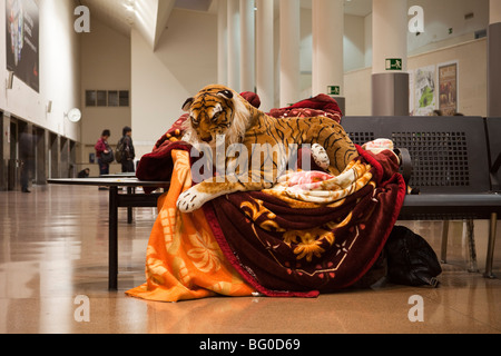 großen ausgestopften Tiger auf Bank im Wartezimmer Main bus Station, Granada, Andalusien, Spanien Stockfoto