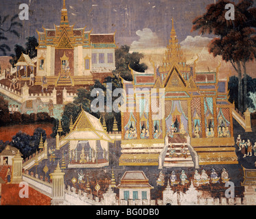 Wandbild des königlichen Palastes, der im Inneren des Tempels Silberpagode, Phnom Penh, Kambodscha, Asien, Südostasien, Indochina Stockfoto