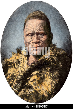 Tawhaio, Maori König, mit tätowierten Gesicht in ein Gewand von Federn, Neuseeland, Ende 1800. Hand - farbige Raster eines Fotos Stockfoto